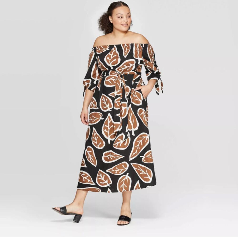 Who What Wear Dress WMNS 1X Black Brown Leaf Print Off Shoulder Midi Resortwear